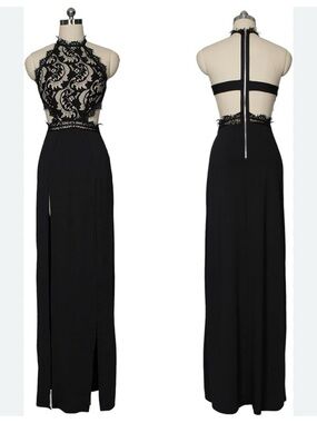 Sheer Black Lace Halter Neck Open Back High Slit Maxi Evening Gown Size Small